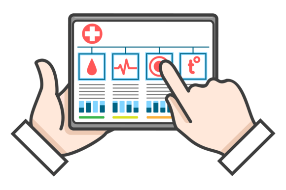 Medical App on Tablet Screen. Hands Hold